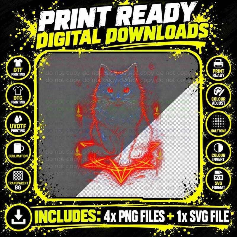 Satanic Black Cat T-Shirt, Halftone Horror Occult Png SVG Digital Bundle