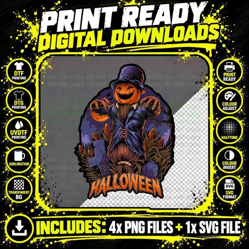 Scarecrow Halloween Pumpkin Head Horror Autumn T-Shirt Png SVG Digital Bundle