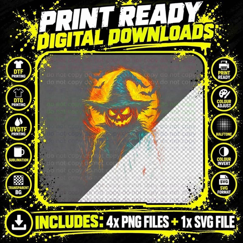 Scarecrow Pumpkin T-Shirt, Halftone Horror Halloween Png SVG Digital Bundle