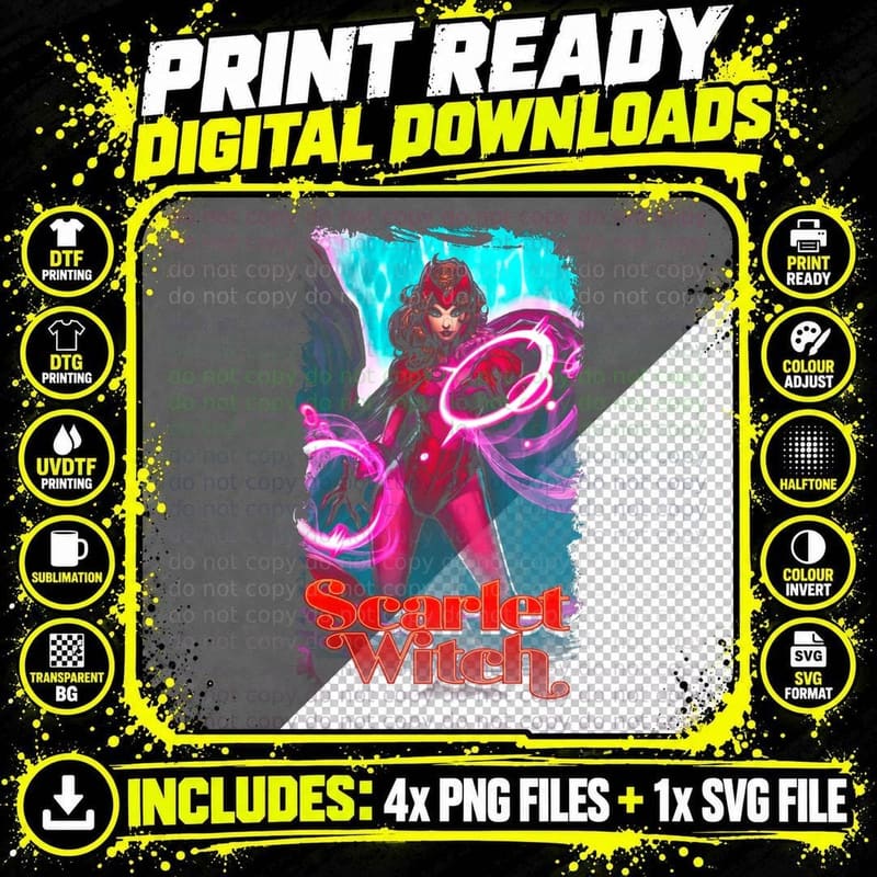 Scarlet Witch Female Pink Neon Halftone Magenta T-Shirt Png SVG Digital Bundle