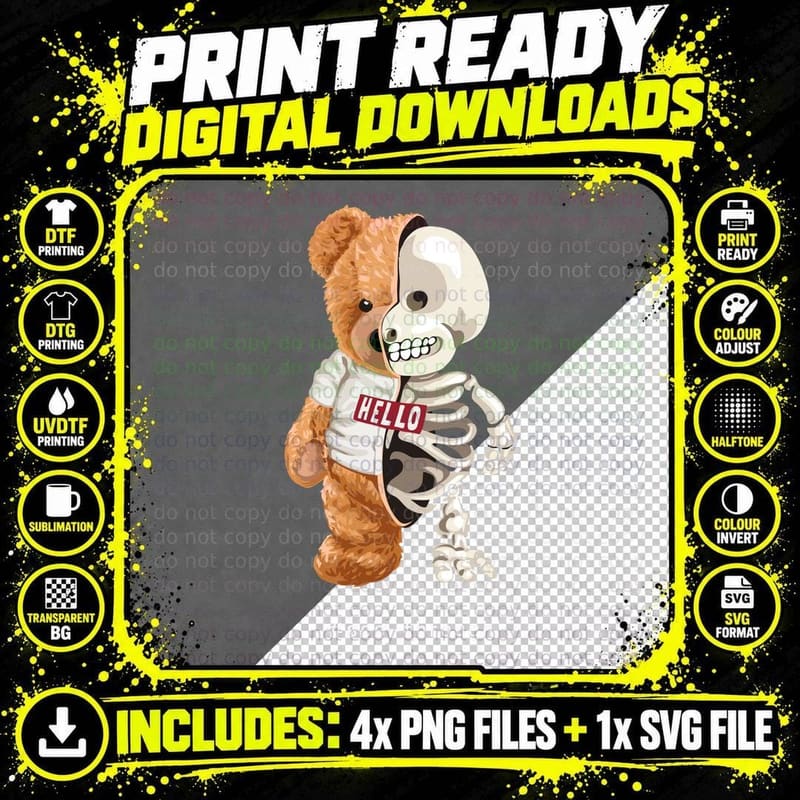 See-Through Bear Hello Teddy Skeleton Half Anatomy Png SVG Digital Bundle