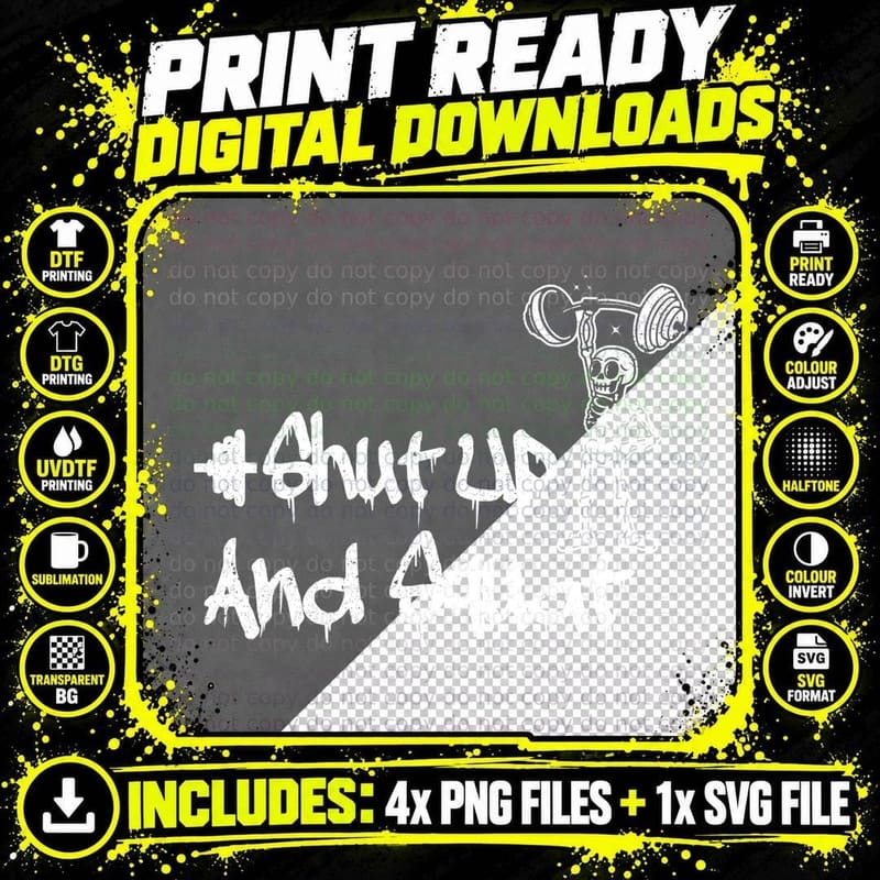 Shut up and Squat Skeleton Lifting White Humorous T-Shirt Png SVG Digital Bundle