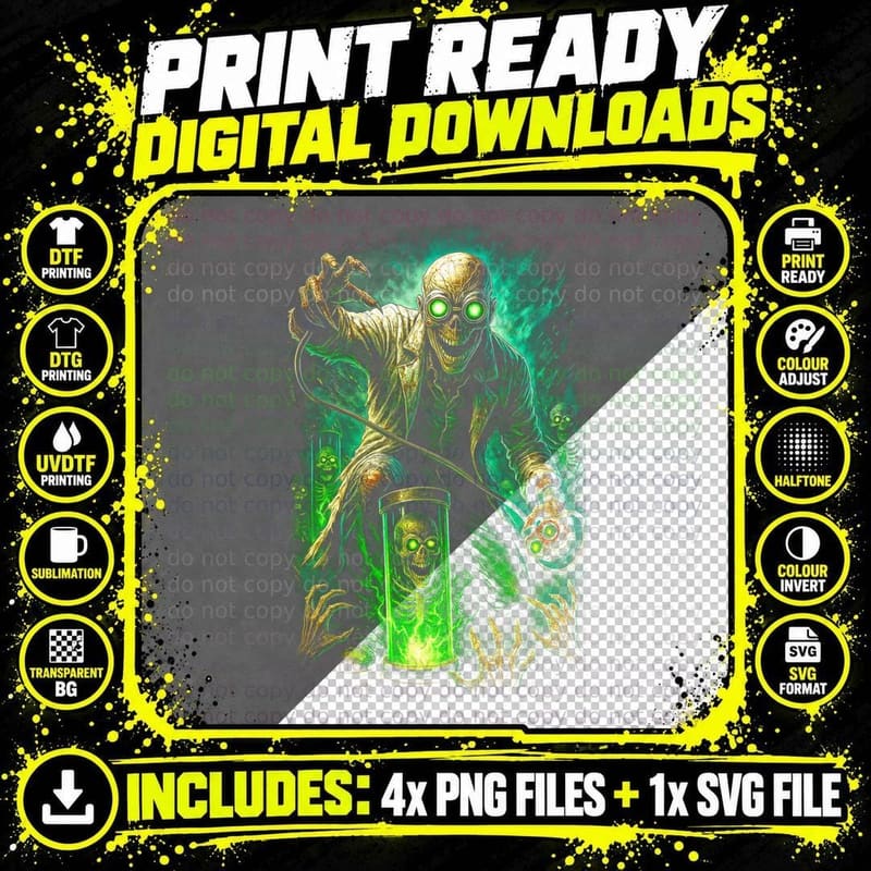 Skeleton Alchemist T-Shirt, Halftone Horror Potion Png SVG Digital Bundle