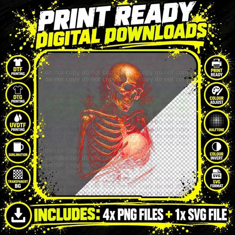 Skeleton Anatomical Heart T-Shirt, Halftone Gothic Skull Png SVG Digital Bundle