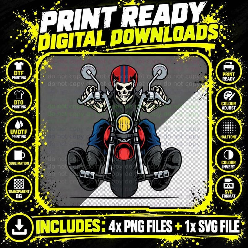 Skeleton Biker Motorcycle Warrior Guns T-Shirt Png SVG Digital Bundle