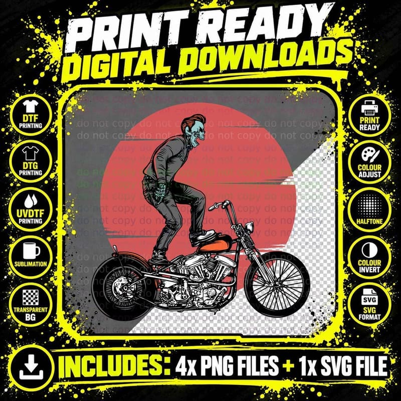 Skeleton Chopper Rider Motorcycle Red Gothic Vintage Png SVG Digital Bundle