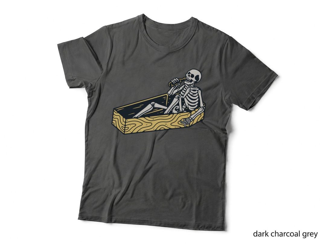 Skeleton Coffin Box Beach Sand Dark Humor Retro T-Shirt