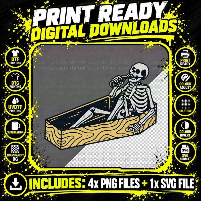Skeleton Coffin Box Beach Sand Dark Humor Retro T-Shirt Png SVG Digital Bundle
