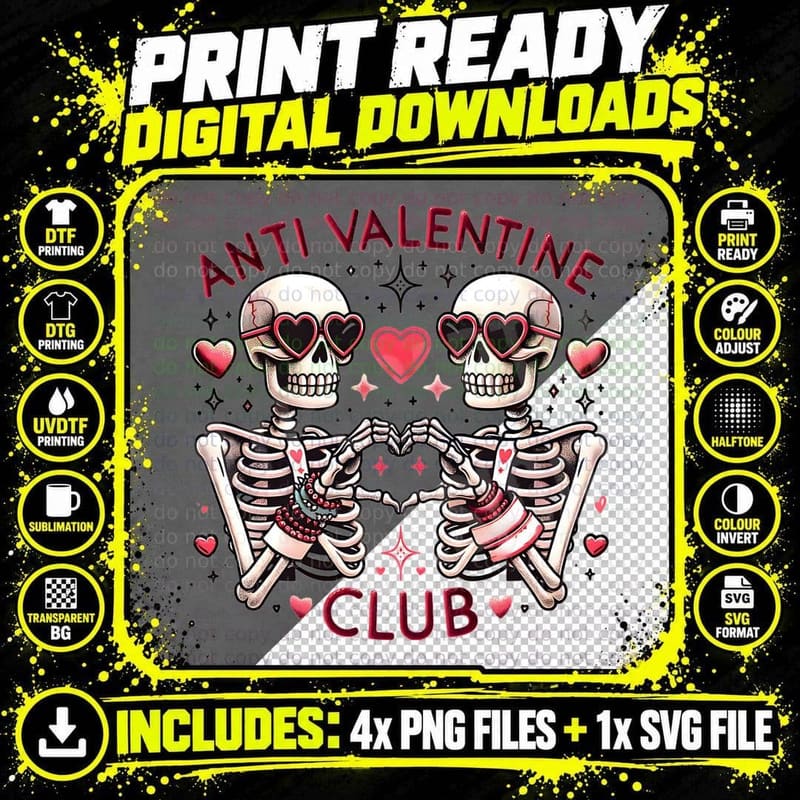 Skeleton Couple Anti Valentine Club Two Skeletons Png SVG Digital Bundle