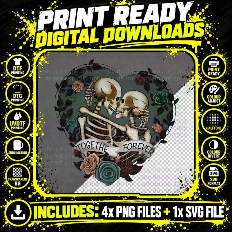 Skeleton Couple Together Forever Skeletons Embracing Png SVG Digital Bundle