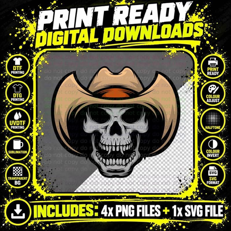 Skeleton Cowboy Skull Hat Western Outlaw T-Shirt Png SVG Digital Bundle