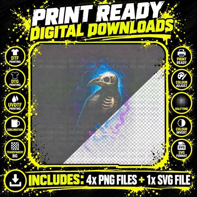 Skeleton Crow T-Shirt, Halftone Horror Raven Graphic Tee Png SVG Digital Bundle