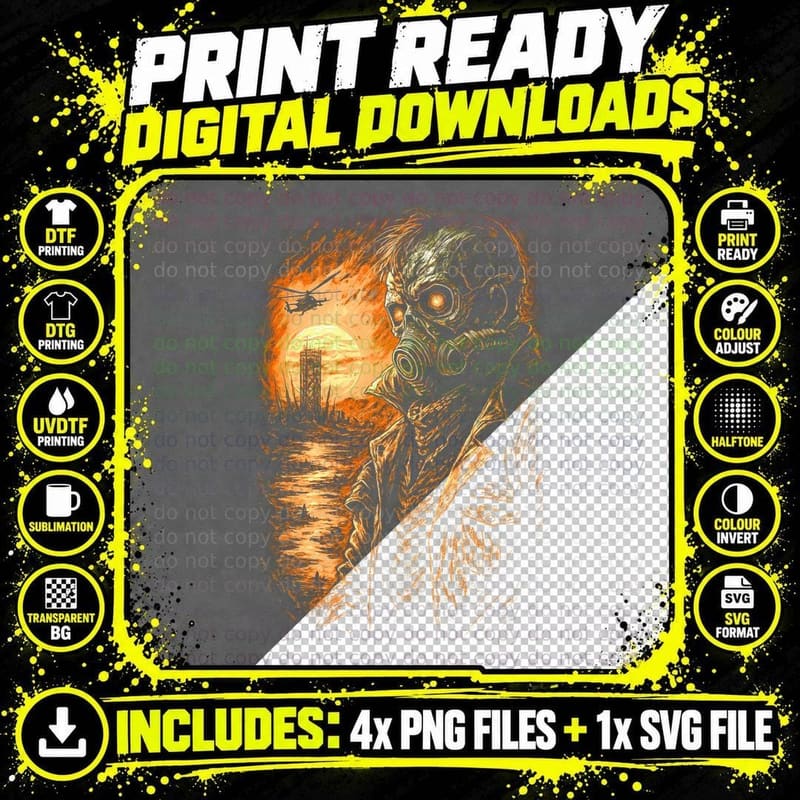 Skeleton Cyborg Gas Mask T-Shirt, Halftone Gothic Skull Png SVG Digital Bundle