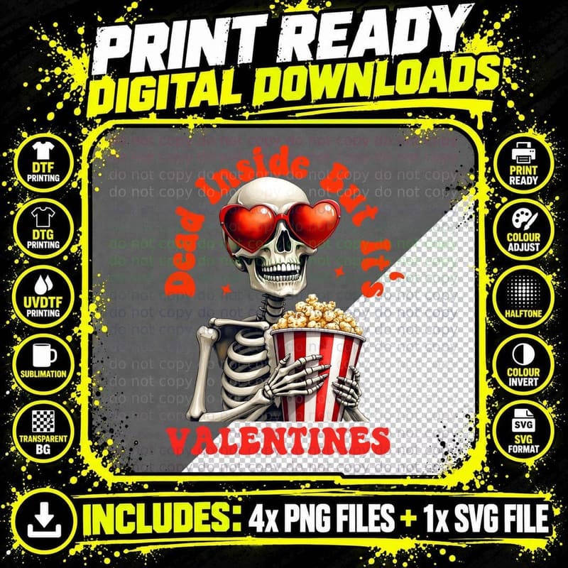 Skeleton Dead Inside but It's It Valentines Bones Png SVG Digital Bundle