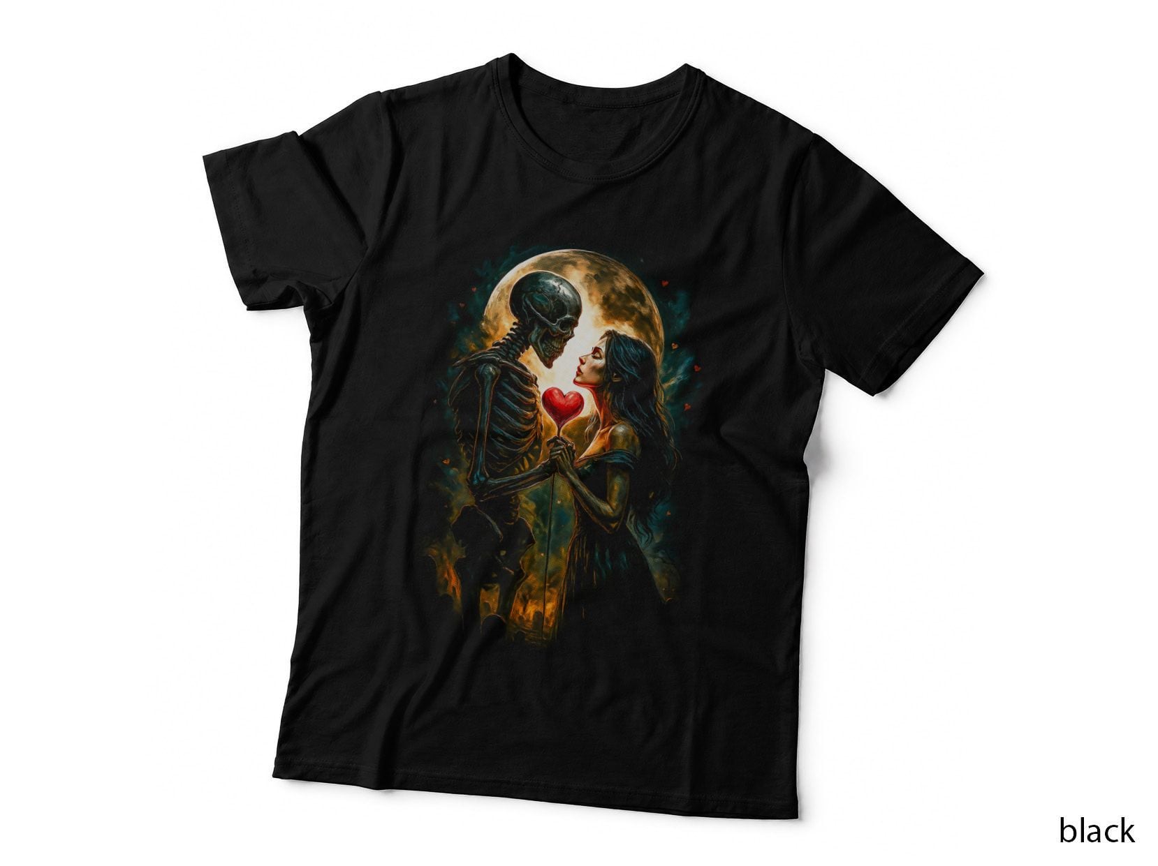 Skeleton Death Love Couple T-Shirt, Halftone Gothic Skull Graphic Tee