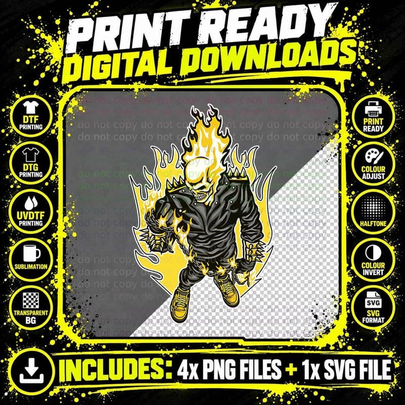 Skeleton Flame Spirit Yellow Fire Flames Retro Vintage Png SVG Digital Bundle