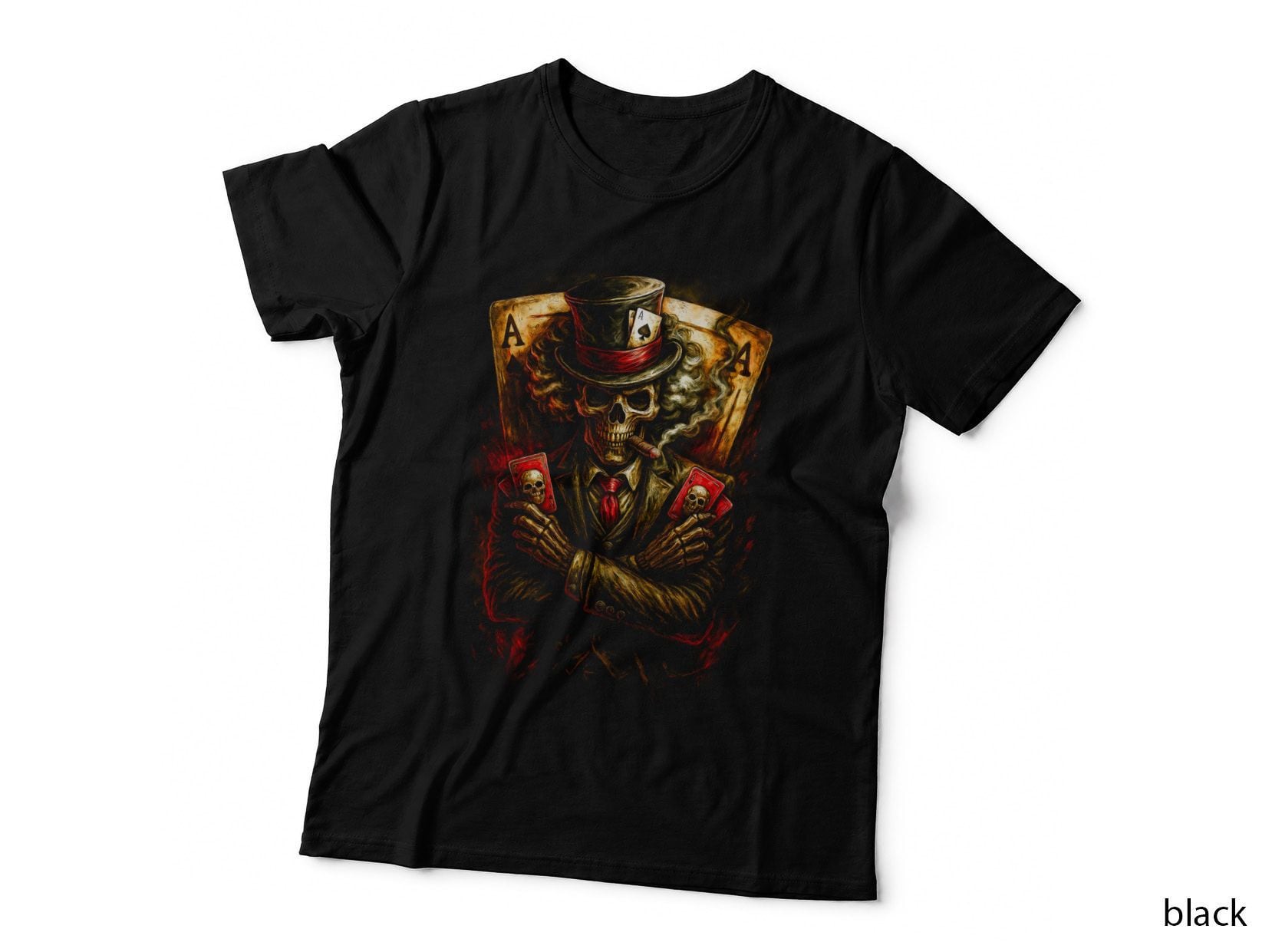 Skeleton Gambler Poker Cards T-Shirt, Halftone Gothic Skull Graphic Tee