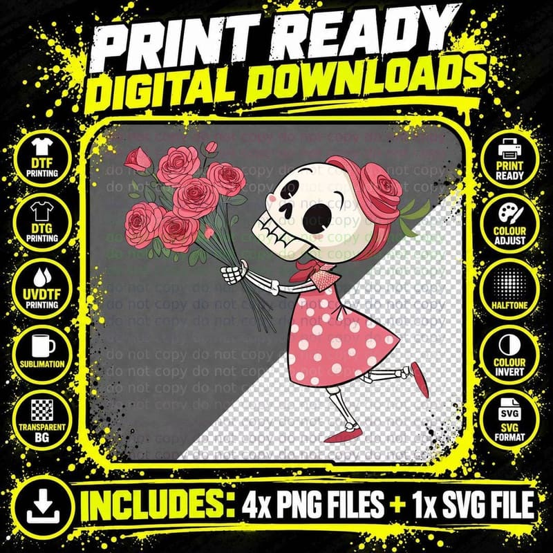 Skeleton Girl Rose Bouquet Polka T-Shirt Png SVG Digital Bundle