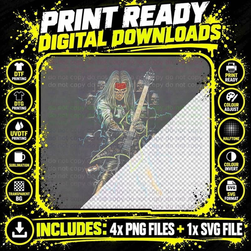 Skeleton Guitarist Long Haired Rock Musician Flying V Png SVG Digital Bundle