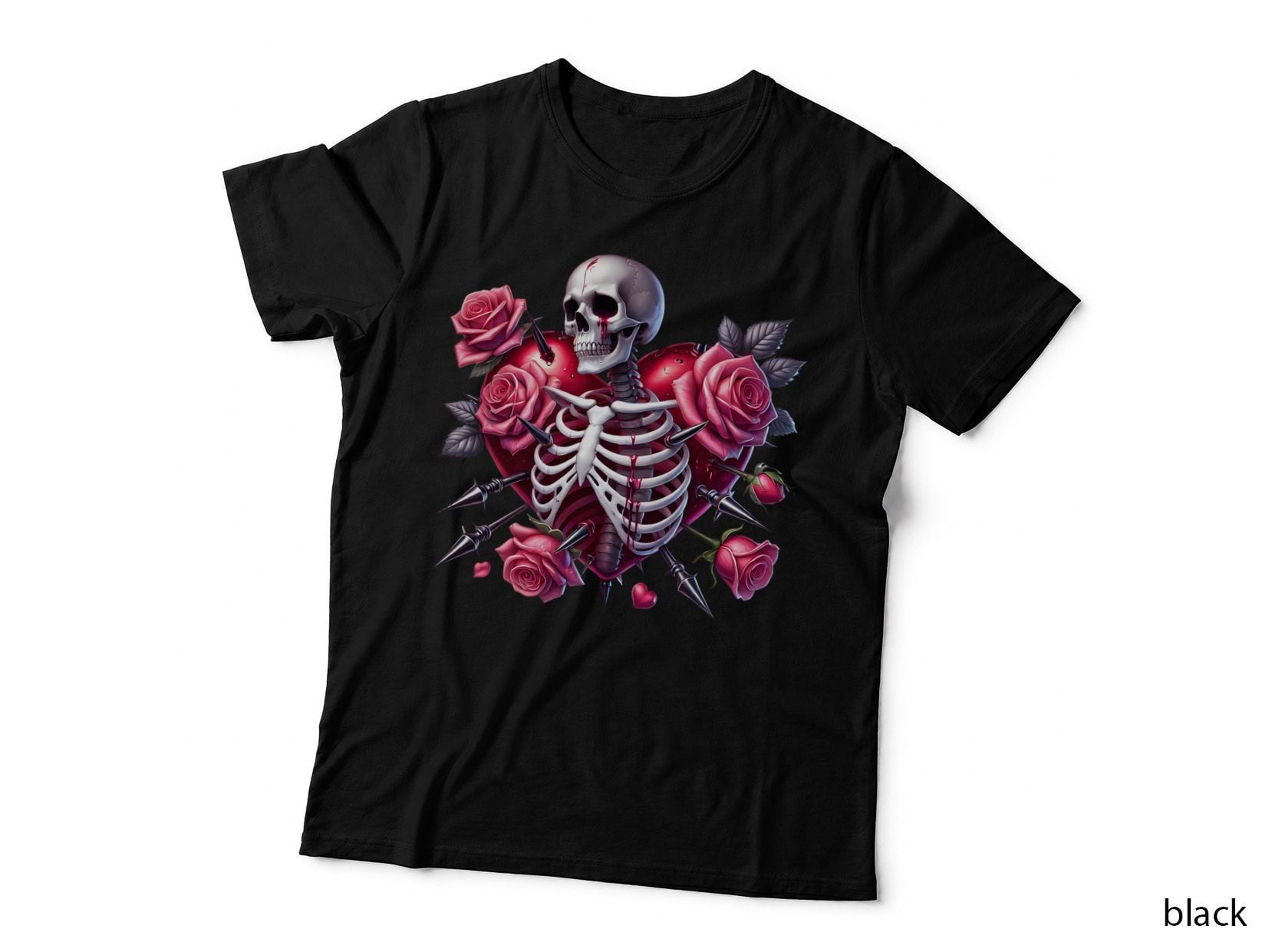 Skeleton Heart White Pink Roses Spikes Dark Romance T-Shirt