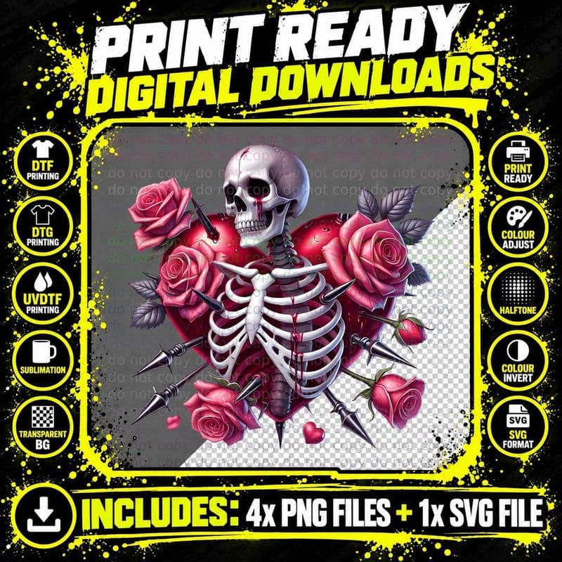 Skeleton Heart White Pink Roses Spikes Dark Romance Png SVG Digital Bundle