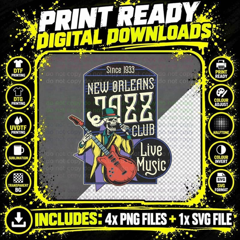 Skeleton Musician Since 1933 New Orleans Jazz Club Live Png SVG Digital Bundle