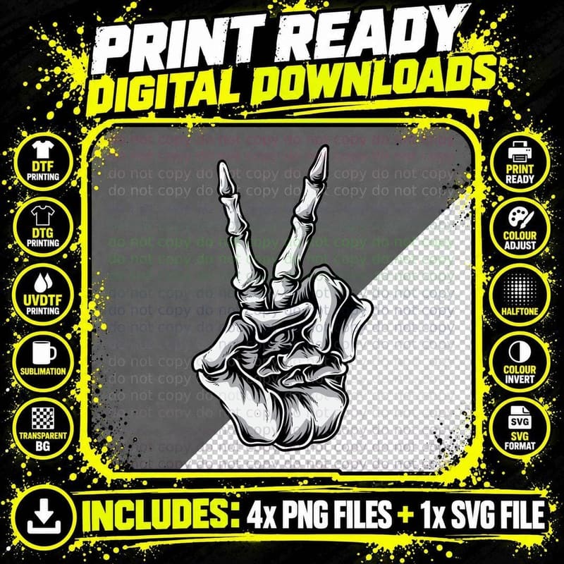 Skeleton Peace Sign Hand Black White Goth T-Shirt Png SVG Digital Bundle
