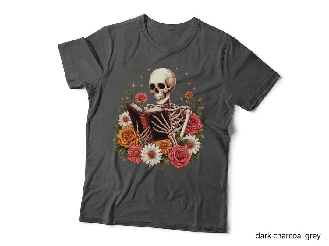 Skeleton Reading Book Surrounded by Flowers Books T-Shirt, Books Graphic Tee