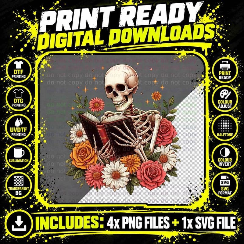 Skeleton Reading Book Surrounded by Flowers Books Png SVG Digital Bundle