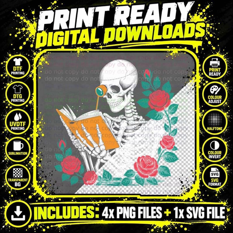 Skeleton Reading Book with Roses Books T-Shirt Png SVG Digital Bundle
