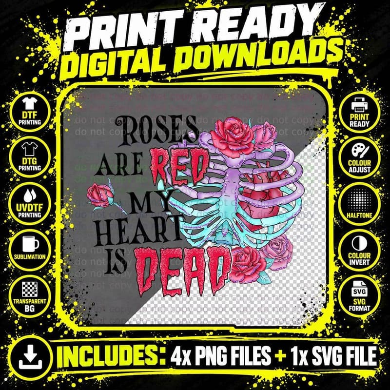 Skeleton Ribcage Roses Are Red My Heart Is Dead Anatomy Png SVG Digital Bundle
