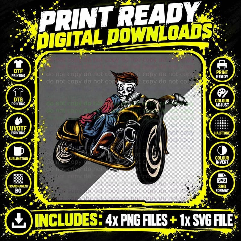 Skeleton Rider Motorcycle Biker Vintage Punk T-Shirt Png SVG Digital Bundle