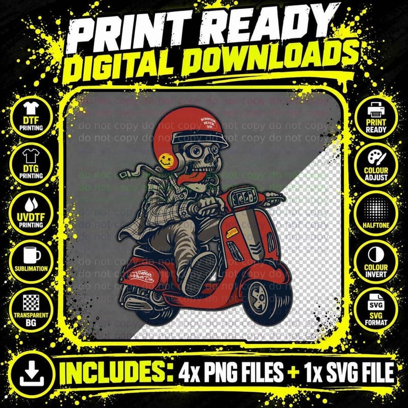 Skeleton Rider Skull Scooter Vespa Red Motorcycle T-Shirt Png SVG Digital Bundle