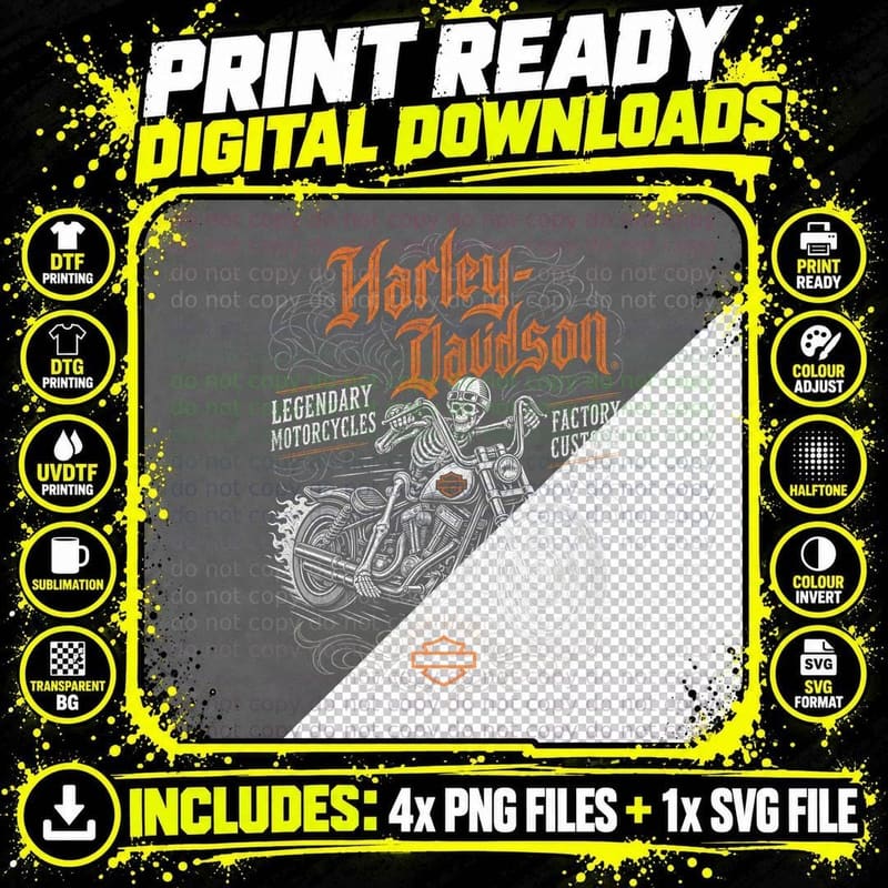 Skeleton Rider T-Shirt, Halftone Gothic Motorcycle Png SVG Digital Bundle