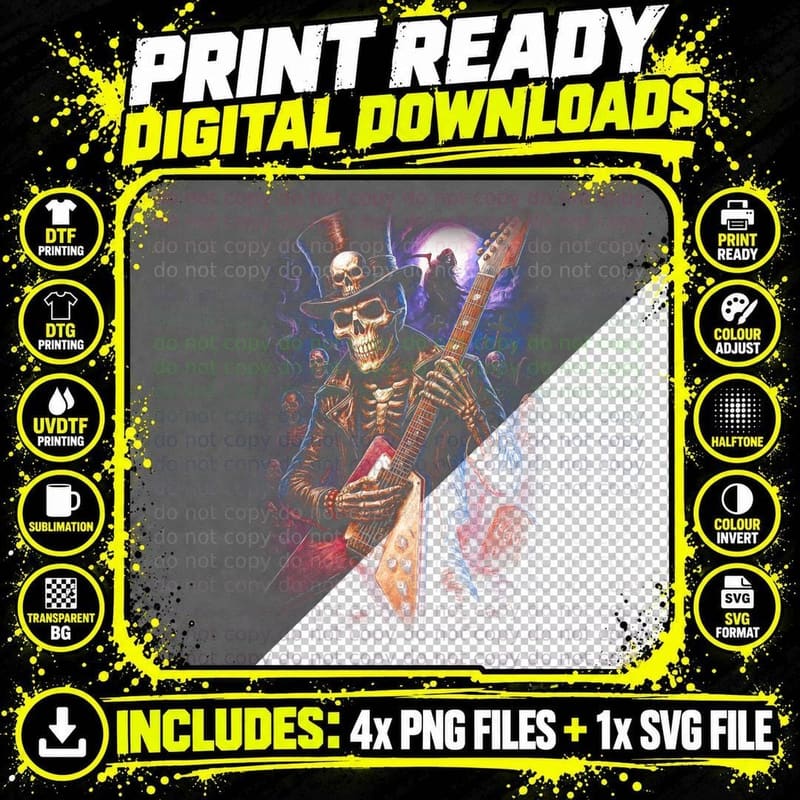 Skeleton Rock Guitarist T-Shirt, Halftone Gothic Skull Png SVG Digital Bundle