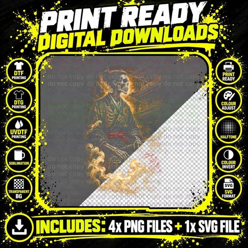 Skeleton Samurai Robes T-Shirt, Halftone Japanese Sakura Png SVG Digital Bundle