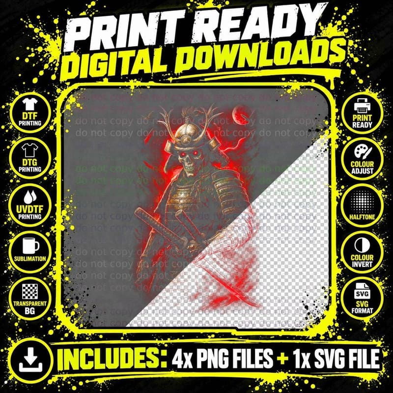 Skeleton Samurai T-Shirt, Halftone Japanese Warrior Png SVG Digital Bundle