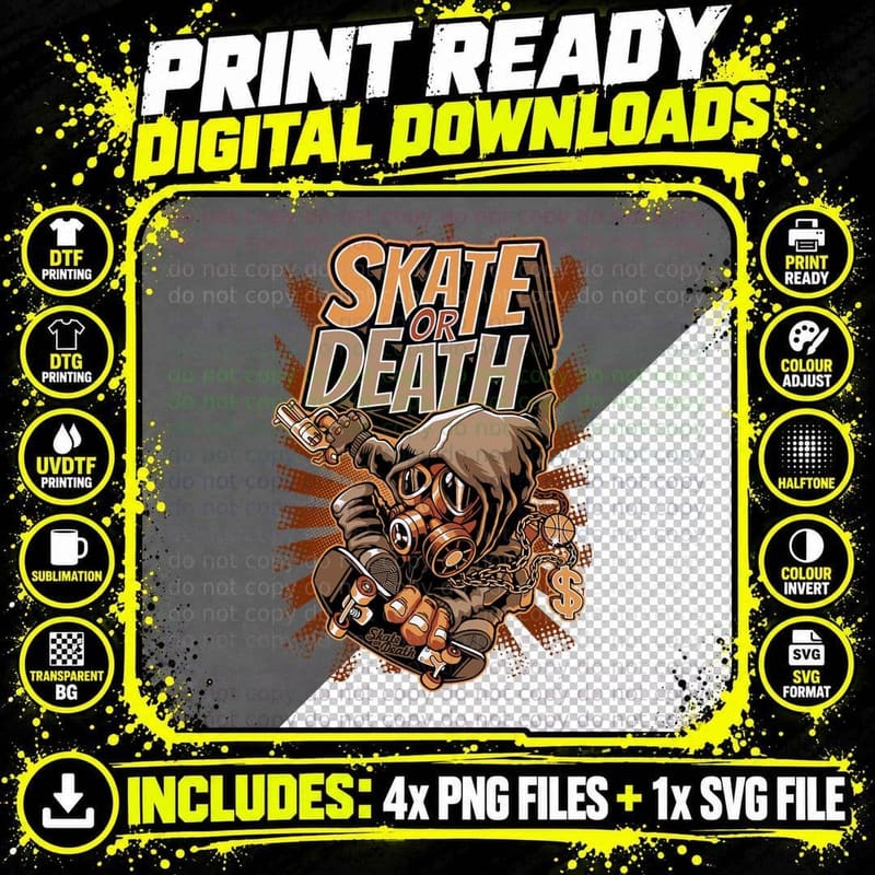 Skeleton Skate or Death Skateboard Retro T-Shirt Png SVG Digital Bundle