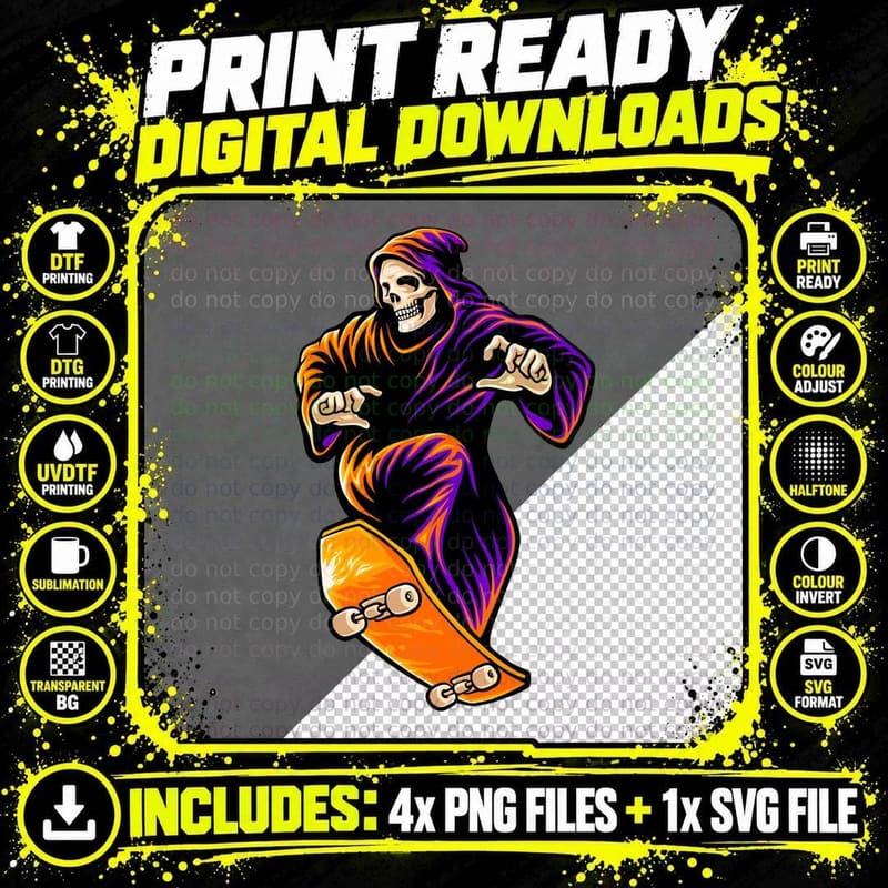 Skeleton Skateboard Purple Orange T-Shirt Png SVG Digital Bundle