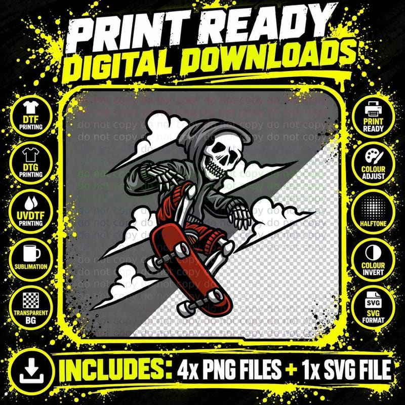 Skeleton Skateboard Snow Winter Clouds T-Shirt Png SVG Digital Bundle