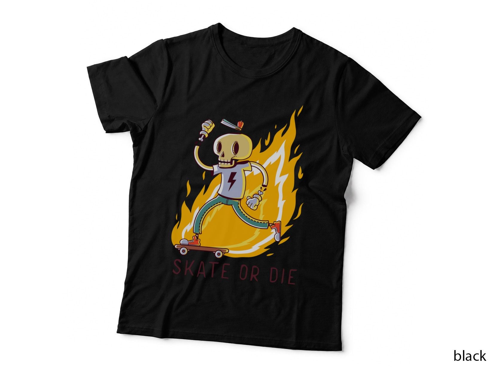 Skeleton Skateboarder Skate or Die Flaming Skull on Skateboard Yellow T-Shirt