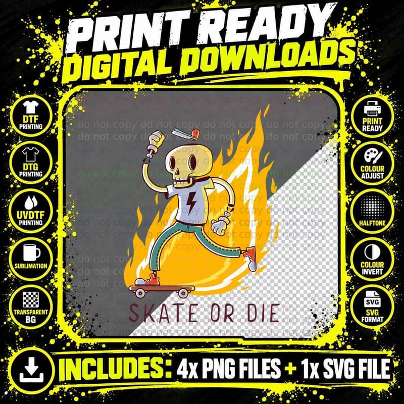 Skeleton Skateboarder Skate or Die Flaming Skull on Png SVG Digital Bundle