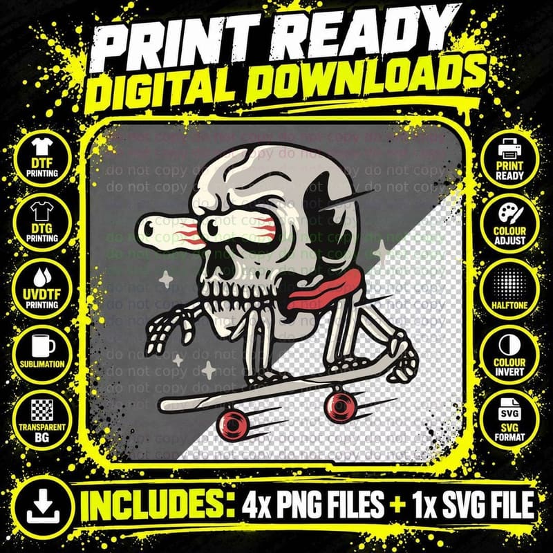 Skeleton Skater Skull Smoking Red Cigarette Skateboard Png SVG Digital Bundle