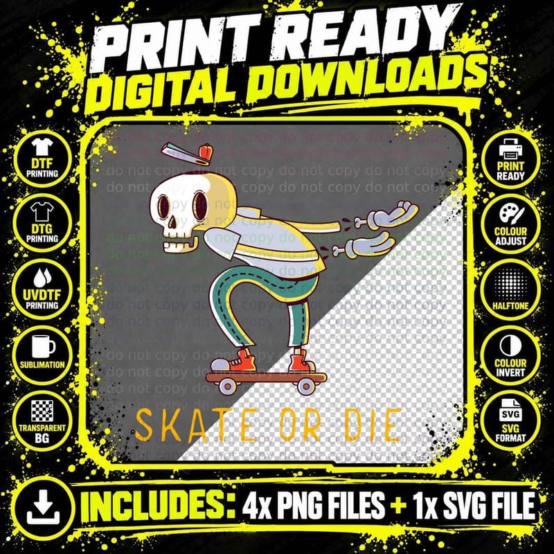 Skeleton Skater Yellow Skate or Die Skull on Skateboard Png SVG Digital Bundle