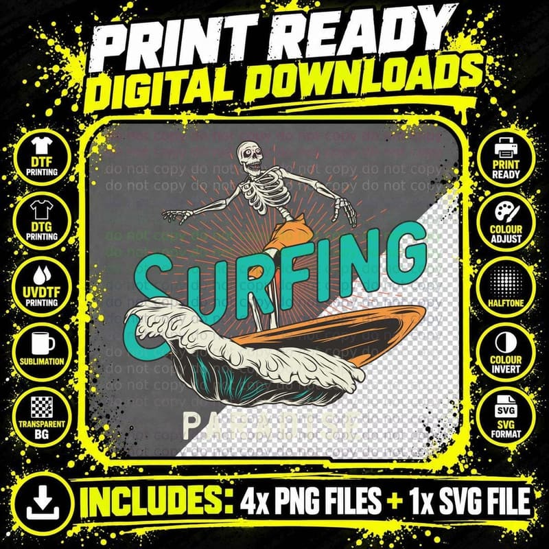 Skeleton Surfing Paradise Surf Wave Water Tropical Png SVG Digital Bundle