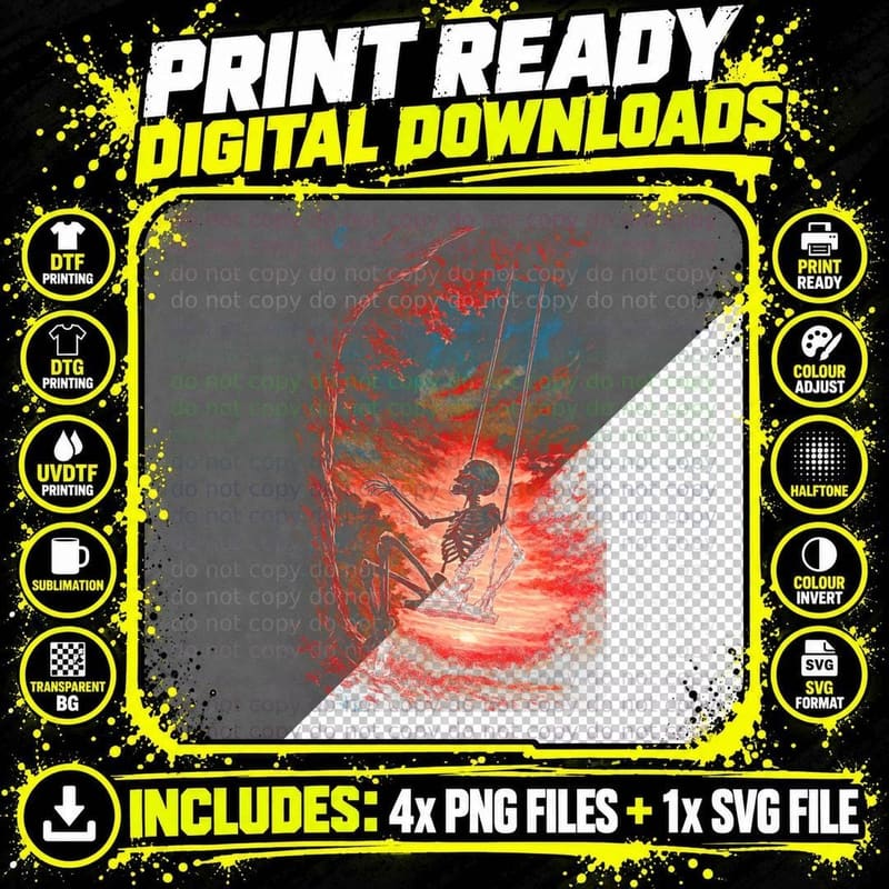 Skeleton Swing Hellscape T-Shirt, Halftone Gothic Skull Png SVG Digital Bundle