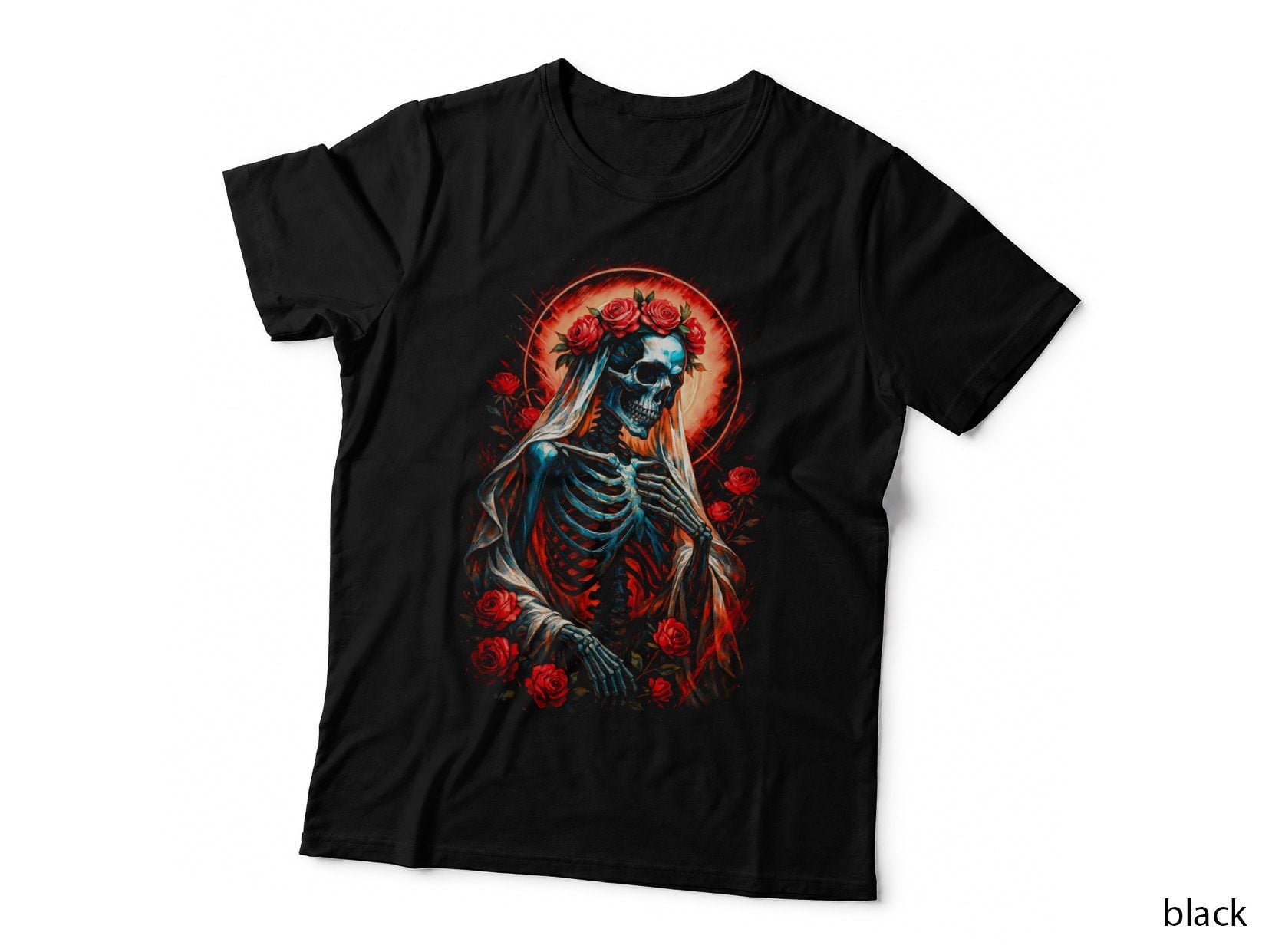 Skeleton Veiled Roses Sacred T-Shirt, Halftone Gothic Skull Graphic Tee