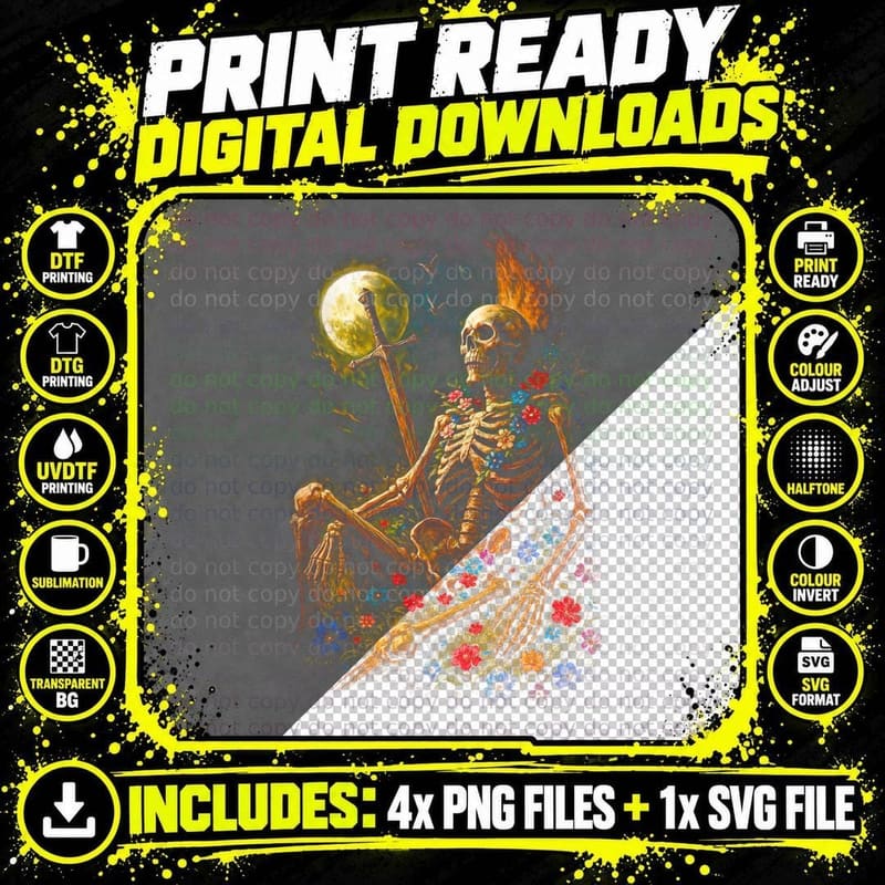 Skeleton Warrior Moon Flowers T-Shirt Png SVG Digital Bundle