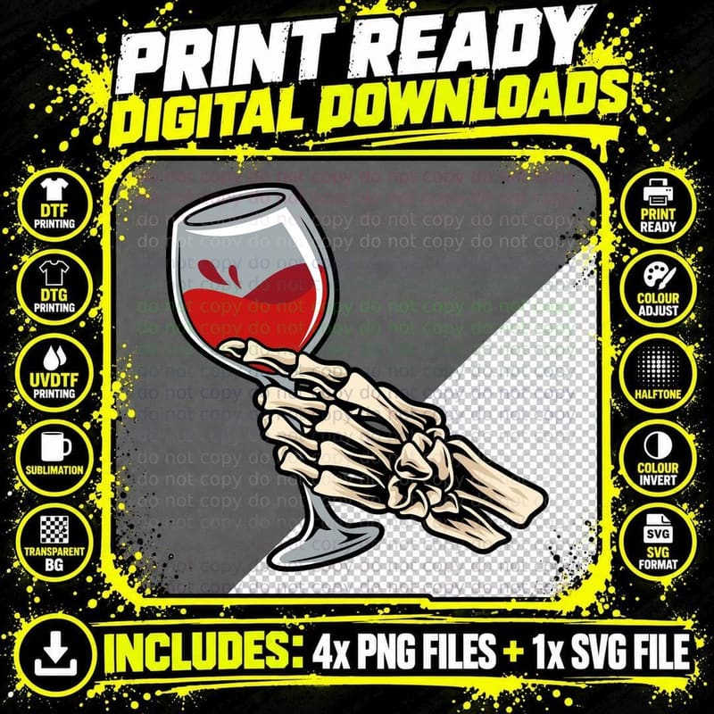 Skeleton Wine Hand Glass Bones Vintage T-Shirt Png SVG Digital Bundle