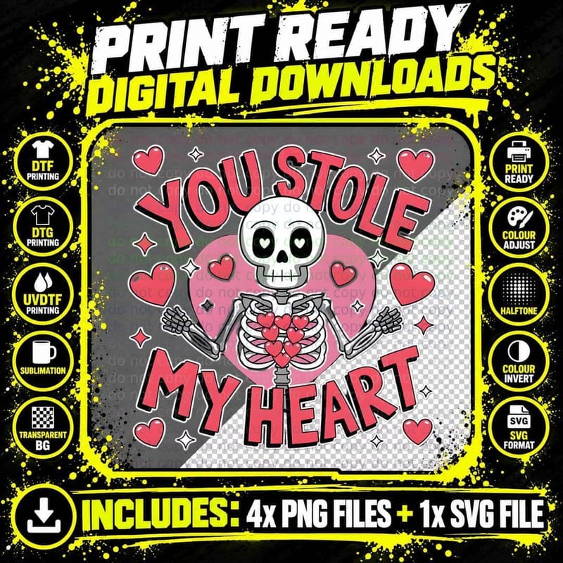 Skeleton You Stole My Heart with Pink Hearts T-Shirt Png SVG Digital Bundle